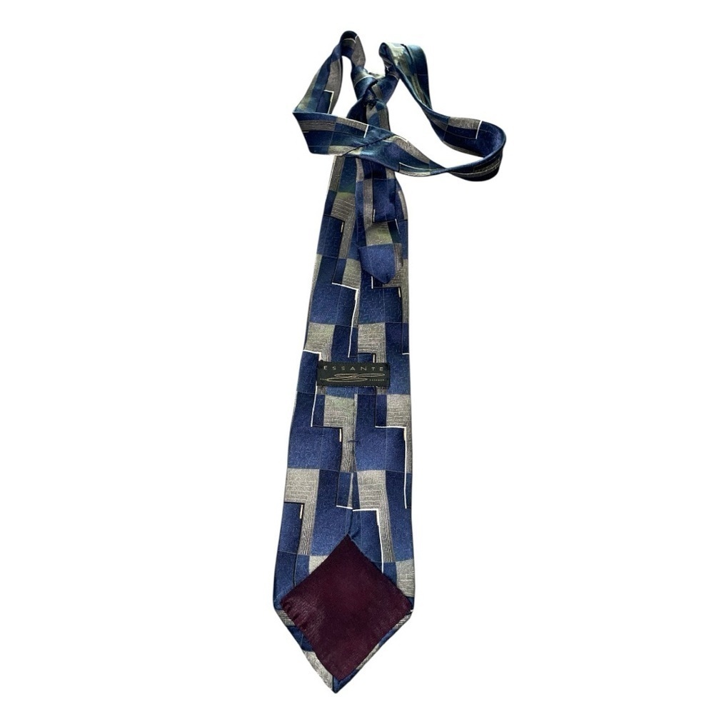 ESSANTE 100% Silk Geometric Navy Blue and Gray Men's Tie - Picture 3 of 6